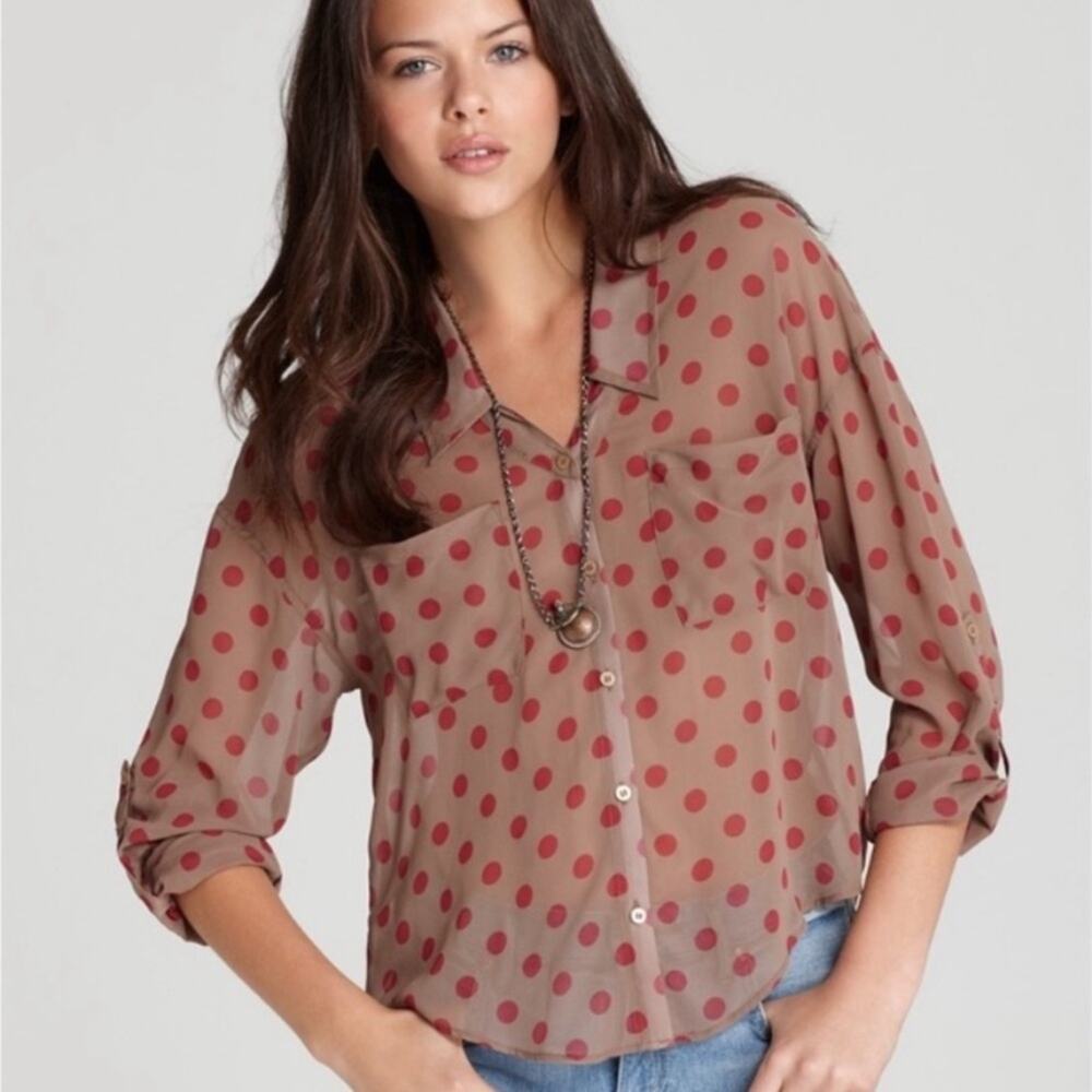 Free People | Women’s Easy Rider Copper Brown Button Down Blouse Polka Dot Shirt